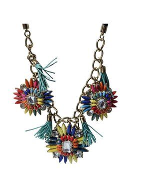 Colorful Flower Bib Necklace Teal Tassel Black Cord Rhinestone Festival Artsy